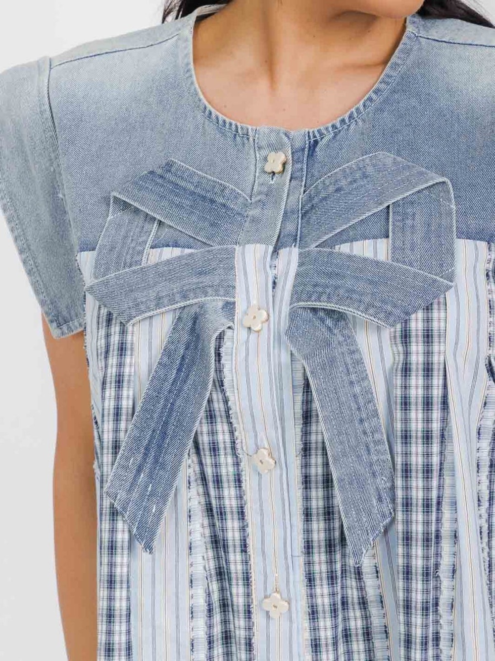 Striped Button-Front Sleeveless Top with Denim Bow Accent - Blue - Picture 3 of 3